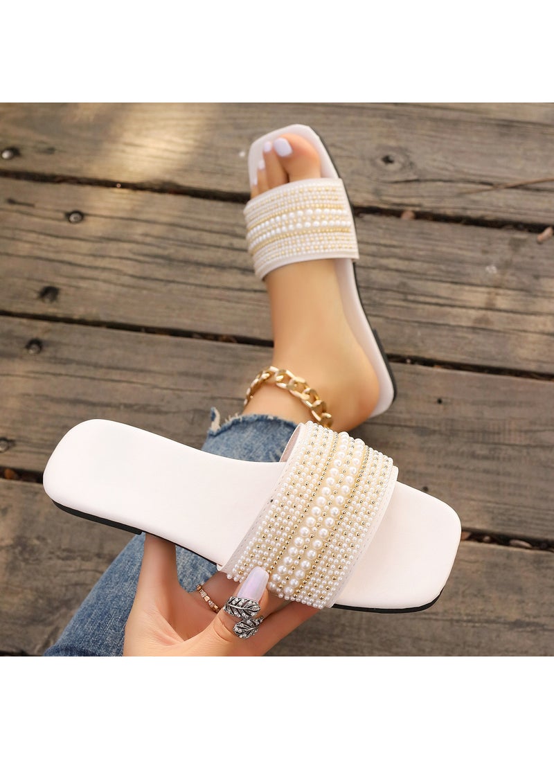 Generic - Tweed Style Flat Bottom Slippers Womens Square Head Rhinestone Colorful Pearl One-row Flat Bottom Sandals Creamy-white - Image 1