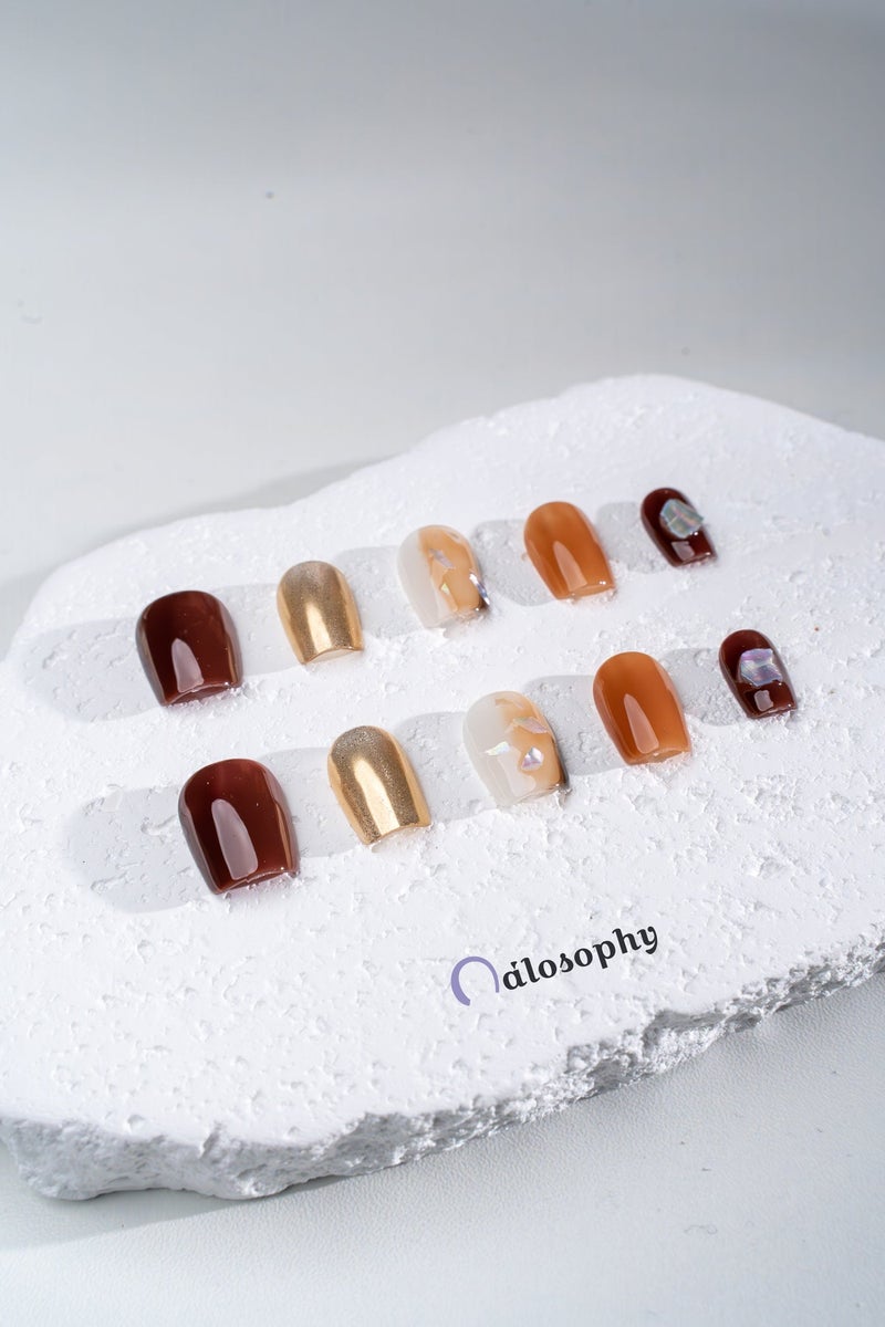 Nailosophy 10 Pcs Handmade Gel Press On Nails Short Square Multi Color Chocolate Brown Gold Chrome Shell Flake Reusable False Nails Nail Kit for Women Party Wedding Eid Special Occasions - Image 2
