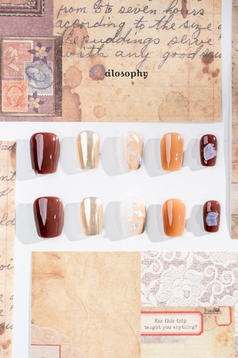 Nailosophy 10 Pcs Handmade Gel Press On Nails Short Square Multi Color Chocolate Brown Gold Chrome Shell Flake Reusable False Nails Nail Kit for Women Party Wedding Eid Special Occasions - Image 4