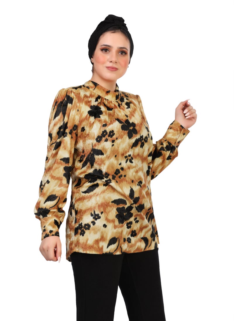 Smoky Egypt Mock Neck Printed Velvet Blouse - Orange  - Image 1