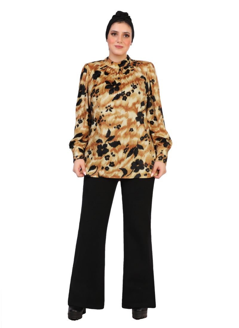 Smoky Egypt Mock Neck Printed Velvet Blouse - Orange  - Image 2