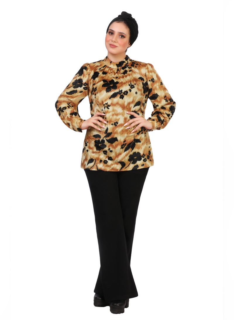 Smoky Egypt Mock Neck Printed Velvet Blouse - Orange  - Image 3