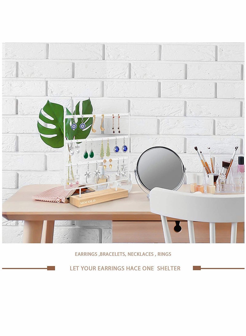 SOLARAE Earring Organiser, Jewelry Stand, Earring Display Stand with Wooden Tray/Dish for Earrings Necklace Bracelet Rings, Earring Holder for Hanging Earrings (66 Holes/3 Layers) - Image 3