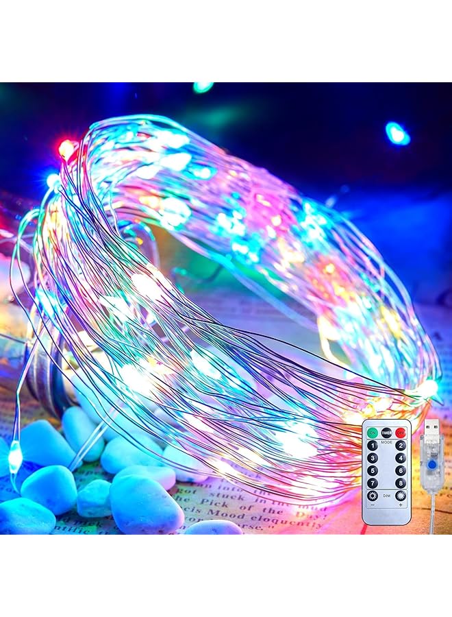 The Bros 1pc USB Fairy multicolour Lights 10.06meter 100 LED Silver Wire 8 Lighting Modes Remote Control USB Powered Non-rechargeable Button Control for Wedding Bedroom Ceiling and other decors  - Image 1
