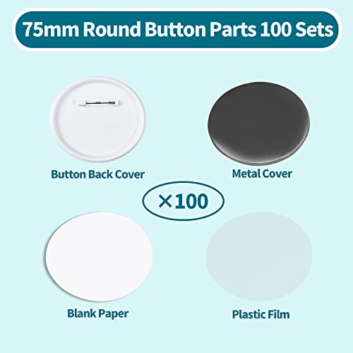 Happizza 100 Sets 75mm(3 inch) Button Parts for Button Maker Machine 75mm, Round Badge Button Making Supplies Blank Pin Back, Includes Metal Cover, Plastic Button Back Cover, Clear Film&Blank Paper - Image 2