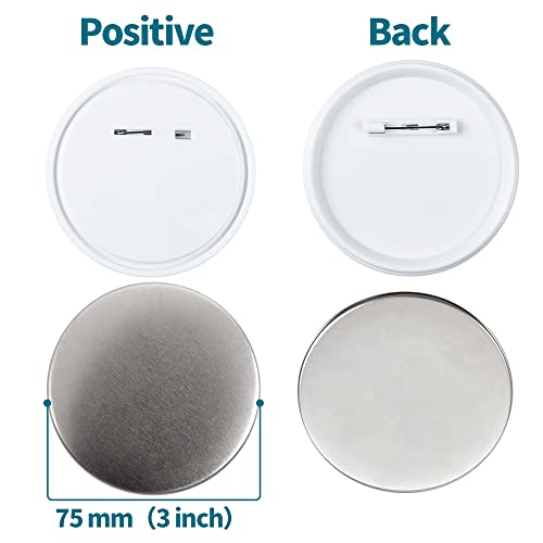 Happizza 100 Sets 75mm(3 inch) Button Parts for Button Maker Machine 75mm, Round Badge Button Making Supplies Blank Pin Back, Includes Metal Cover, Plastic Button Back Cover, Clear Film&Blank Paper - Image 3