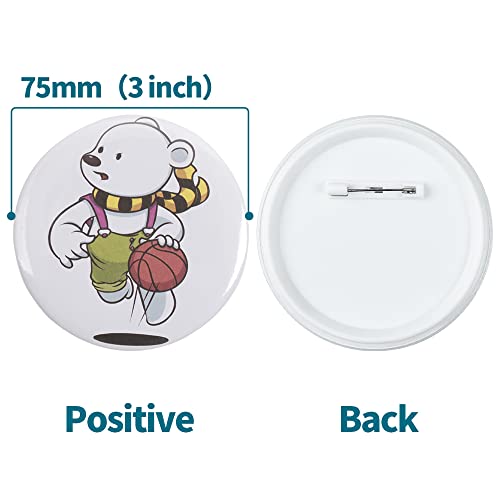 Happizza 100 Sets 75mm(3 inch) Button Parts for Button Maker Machine 75mm, Round Badge Button Making Supplies Blank Pin Back, Includes Metal Cover, Plastic Button Back Cover, Clear Film&Blank Paper - Image 4