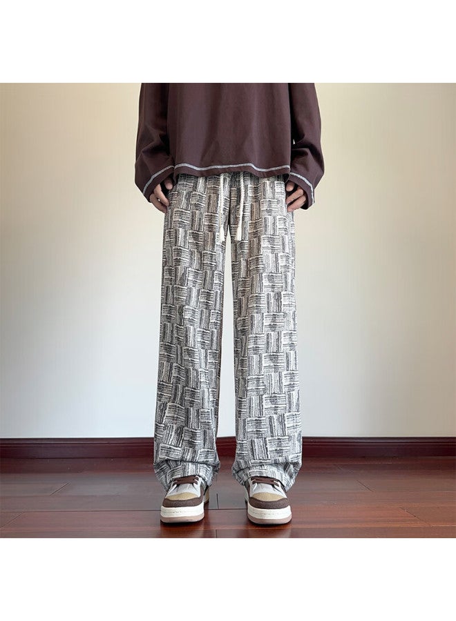 Vuug American Style Woven Pattern Pants Men Spring Autumn Straight Loose Fit Plus Size Casual Trousers M Beige - Image 2