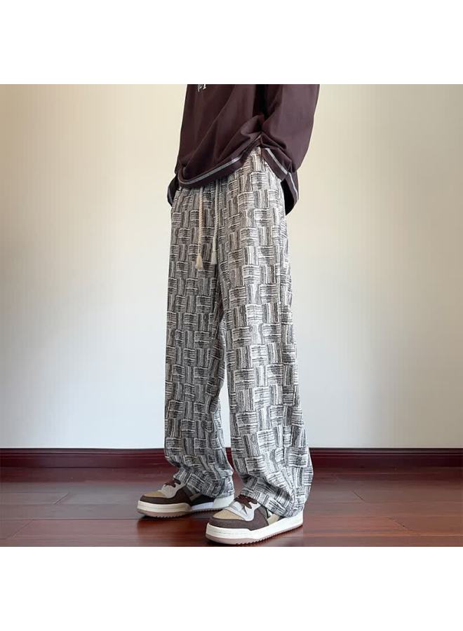 Vuug American Style Woven Pattern Pants Men Spring Autumn Straight Loose Fit Plus Size Casual Trousers M Beige - Image 3