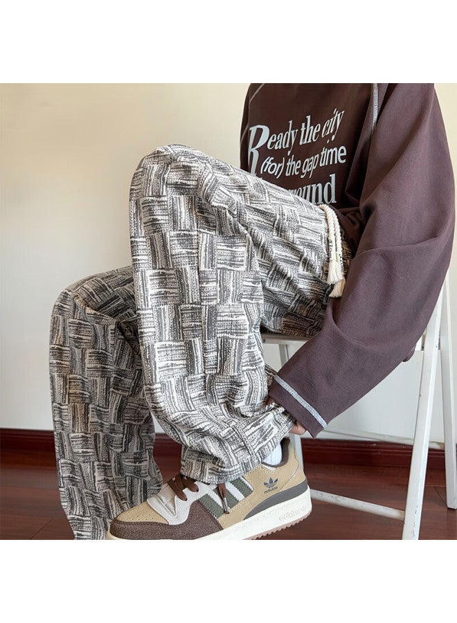 Vuug American Style Woven Pattern Pants Men Spring Autumn Straight Loose Fit Plus Size Casual Trousers M Beige - Image 1