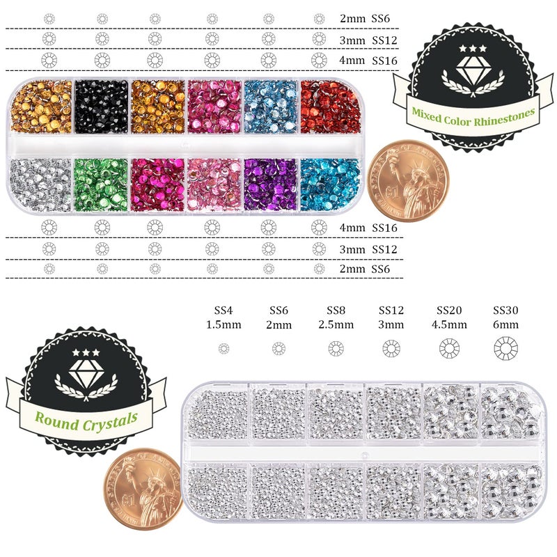 BELLEBOOST Two Packs of Flatback Rhinestones 4520 Pcs Colorful Nail Art Rhinestones Flatback Crystal Colorful+Transparent White Rhinestone with Picker Pencil and Tweezer for Nail Art and Decoration - Image 4