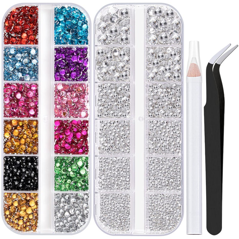 BELLEBOOST Two Packs of Flatback Rhinestones 4520 Pcs Colorful Nail Art Rhinestones Flatback Crystal Colorful+Transparent White Rhinestone with Picker Pencil and Tweezer for Nail Art and Decoration - Image 1