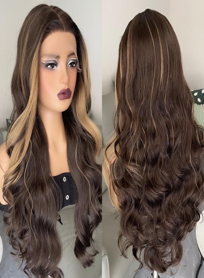 ZAVIDE Honey Brown Synthetic Lace Wig With Baby Hair Balayage Brown Glueless Middle Part HD Lace Ombre Wig For Women - Image 1