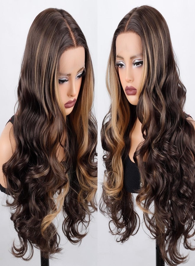 ZAVIDE Honey Brown Synthetic Lace Wig With Baby Hair Balayage Brown Glueless Middle Part HD Lace Ombre Wig For Women - Image 5