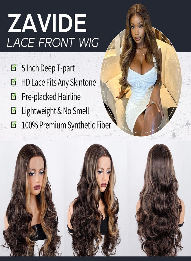 ZAVIDE Honey Brown Synthetic Lace Wig With Baby Hair Balayage Brown Glueless Middle Part HD Lace Ombre Wig For Women - Image 2
