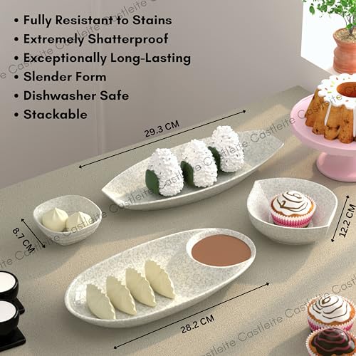 Castleite Laurel Peony Multi-Purpose Kitchen Rectangular, Oval & Square Serving Platter: Deluxe Melamine Crockery Set Of 8 - Versatile Chip And Dip Tray For Snacks, Starters & Desserts (Marble White) - Image 4