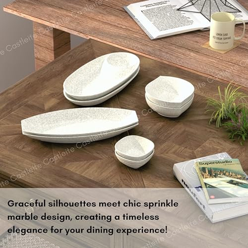 Castleite Laurel Peony Multi-Purpose Kitchen Rectangular, Oval & Square Serving Platter: Deluxe Melamine Crockery Set Of 8 - Versatile Chip And Dip Tray For Snacks, Starters & Desserts (Marble White) - Image 5