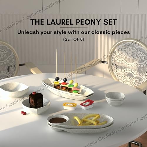 Castleite Laurel Peony Multi-Purpose Kitchen Rectangular, Oval & Square Serving Platter: Deluxe Melamine Crockery Set Of 8 - Versatile Chip And Dip Tray For Snacks, Starters & Desserts (Marble White) - Image 2