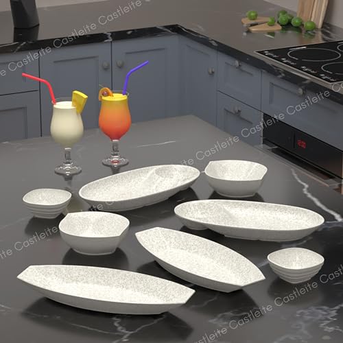 Castleite Laurel Peony Multi-Purpose Kitchen Rectangular, Oval & Square Serving Platter: Deluxe Melamine Crockery Set Of 8 - Versatile Chip And Dip Tray For Snacks, Starters & Desserts (Marble White) - Image 3