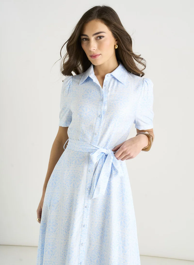Gini London  Cotton Mix Blue Tile Print Button Through Maxi Shirt Dress for Women | Best Price UAE