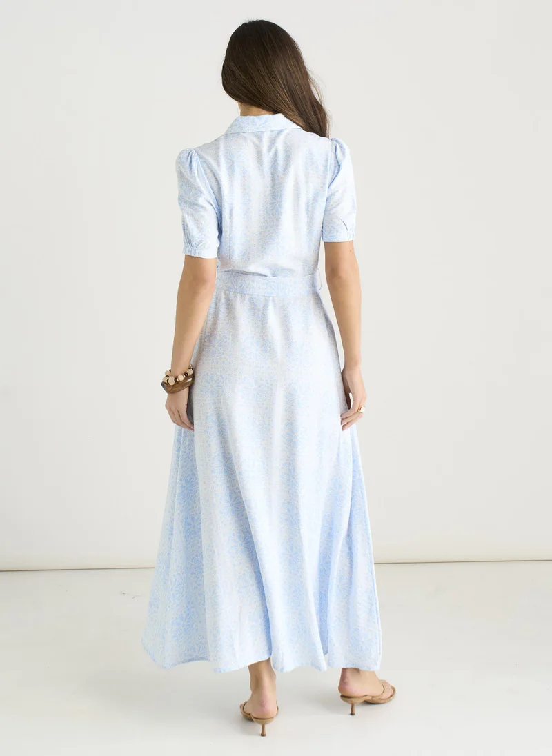 Gini London  Cotton Mix Blue Tile Print Button Through Maxi Shirt Dress for Women | Best Price UAE