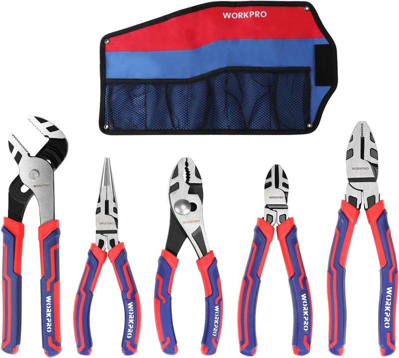 WORKPRO Pliers Set, Premium Cr-V Construction, Includes 6 Inch Slip Joint, Long Nose, Diagonal Cutting, 8 Inch Groove Joint, 7 Inch Linesman and Storage Pouch, for Basic Repair - Image 1