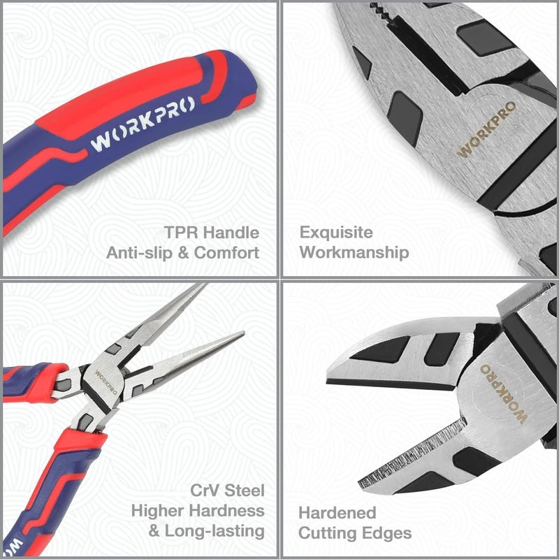 WORKPRO Pliers Set, Premium Cr-V Construction, Includes 6 Inch Slip Joint, Long Nose, Diagonal Cutting, 8 Inch Groove Joint, 7 Inch Linesman and Storage Pouch, for Basic Repair - Image 3