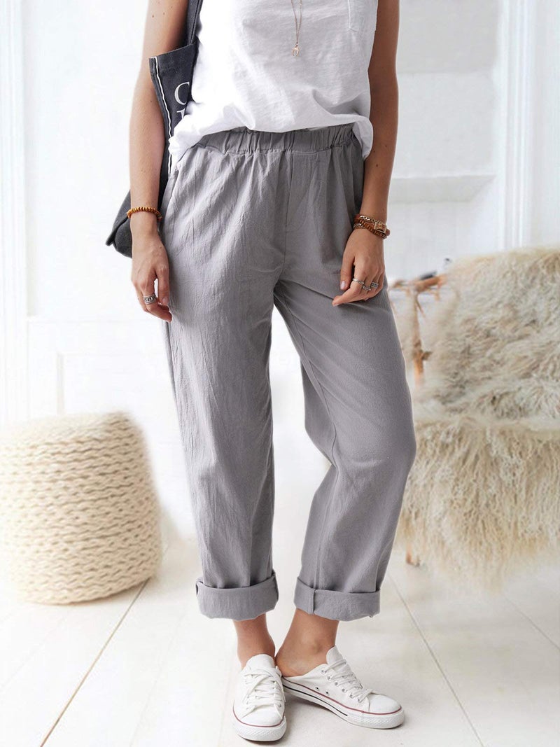 WROLEM Women's Straight Pants Elastic Waist Casual Trousers Pants with Pockets Khaki - Image 4