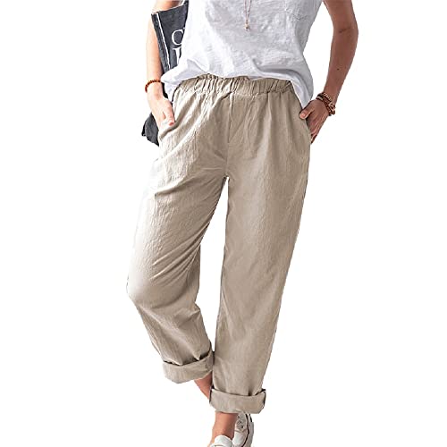 WROLEM Women's Straight Pants Elastic Waist Casual Trousers Pants with Pockets Khaki - Image 1