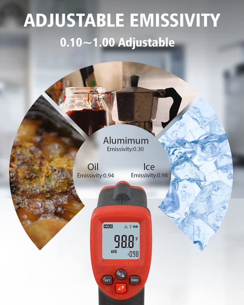 مقياس حرارة بالأشعة تحت الحمراء من Wintact -58°F إلى 788°F (-50°C إلى 420°C) مسدس درجة حرارة سطح رقمي غير تلامسي بالليزر، انبعاثية قابلة للتعديل للمطبخ والثلاجة والفريزر وطهي الطعام واللحوم (ليس للبشر) - Image 3
