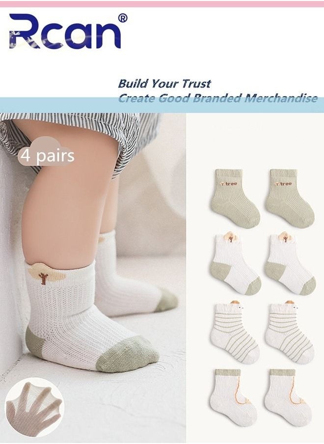 Rcan 4 Pairs Baby Socks Cartoon Printing Thin Mesh Breathable Stretch Cotton Socks Set Middle Tube for Baby Unisex  - Image 1