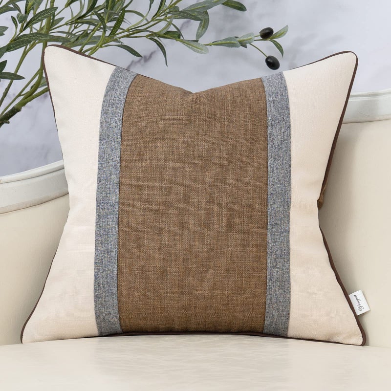Yangest Patchwork Pillow Cover 20x20 Inch Luxury Cotton and Linen Cushion Cover Square Pillowcover for Couch Bedroom Living Room, Brown - Image 1