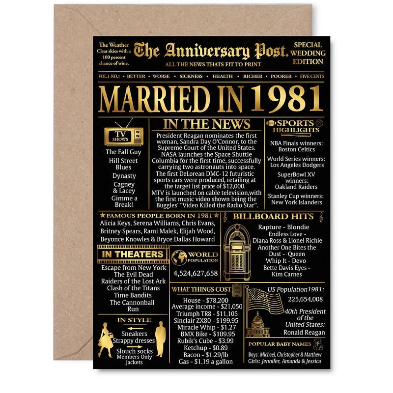 Stuff4 Gold بطاقة الذكرى السنوية الخامسة والأربعين للرجال والنساء - Golden Newspaper Married in 1981-45 سنة بطاقة ذكرى الزفاف للزوجة الرفيق الزوج الشريك A5 بطاقات تهنئة بالذكرى السنوية - Image 1