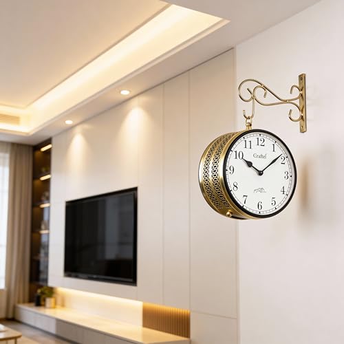 CRAFTEL Double Sided Station Wall Clock Electroplated | Both Side Numerals | Aluminum Matte-Finish Dial Brass Body | Dial - 8 Inches, Shiny Gold | 365 Days Warranty - Image 3