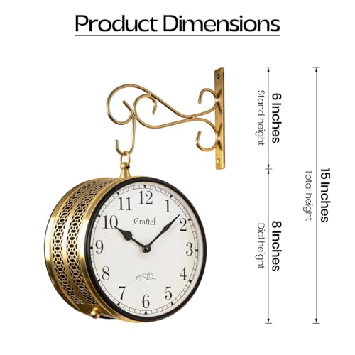 CRAFTEL Double Sided Station Wall Clock Electroplated | Both Side Numerals | Aluminum Matte-Finish Dial Brass Body | Dial - 8 Inches, Shiny Gold | 365 Days Warranty - Image 2