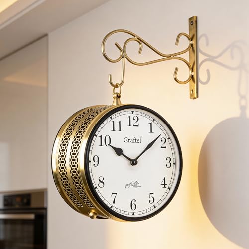 CRAFTEL Double Sided Station Wall Clock Electroplated | Both Side Numerals | Aluminum Matte-Finish Dial Brass Body | Dial - 8 Inches, Shiny Gold | 365 Days Warranty - Image 1
