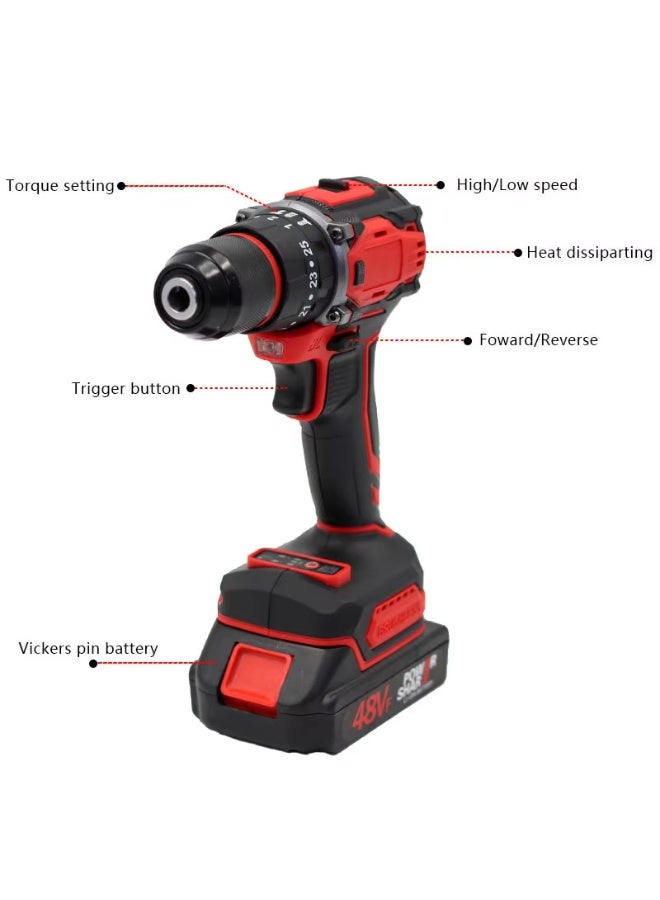 مجموعة مثقاب لاسلكي قابل لإعادة الشحن بجهد 48 فولت احترافية | مع بطاريتين | أداة كهربائية احترافية - Image 4