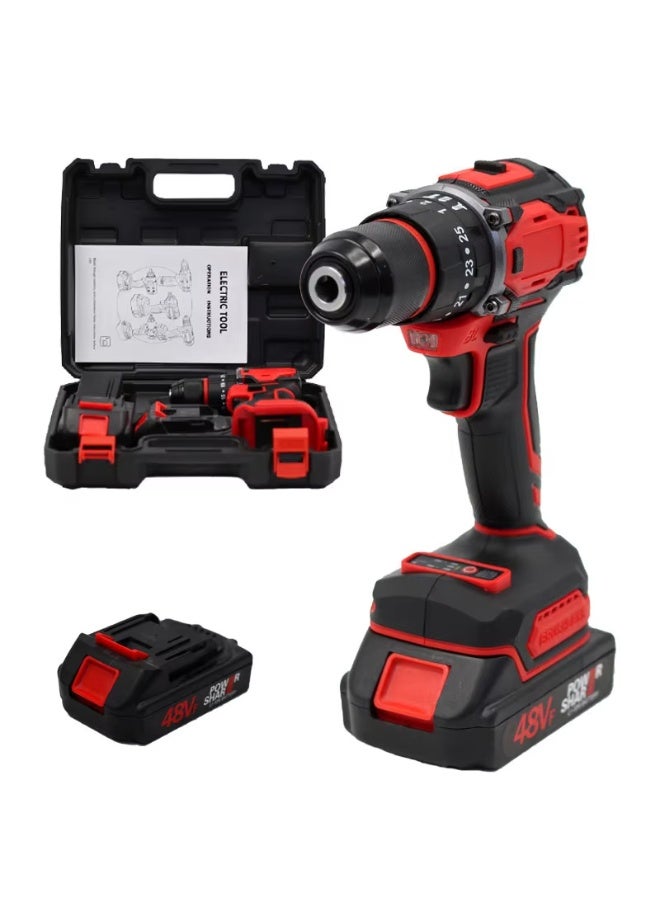 مجموعة مثقاب لاسلكي قابل لإعادة الشحن بجهد 48 فولت احترافية | مع بطاريتين | أداة كهربائية احترافية - Image 1