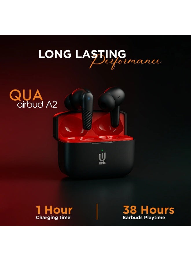 Unix A2 QUA Wireless Airbuds | TWS Earbuds with 13mm Drivers | ENC Noise Cancellation for Clear Calls | Up to 38Hrs Playtime | Bluetooth v5.4 Auto-Connect | Deep Bass & Low Latency Audio | Black - Image 2