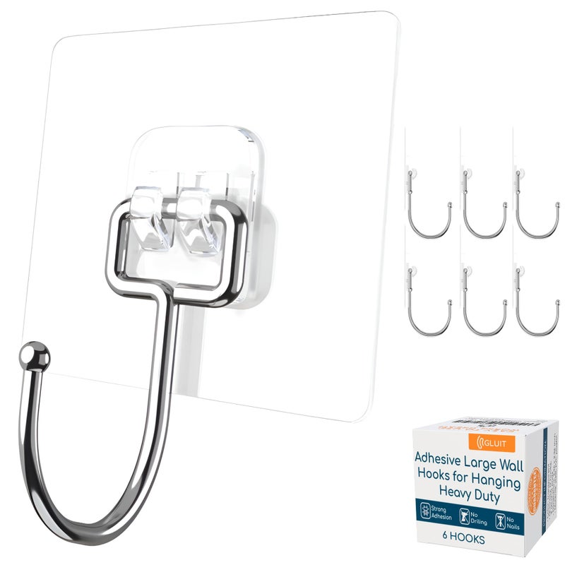 GLUIT Adhesive Large Wall Hooks for Hanging Heavy Duty 22 lbs Hooks for Walls No Damage Towel Sticky Clear Hooks Waterproof Home Bathroom Kitchen Office and Outdoor 6 Pack