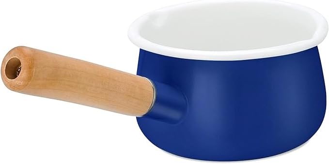 YumCute Home YumCute Home Enamel Milk Pan with Dual Pour Spout Butter Warmer Milk Pot for Stove Top Healthy White Enameled Inside Coating Iron 1QT Small Soup Pot with Wooden Handle Blue