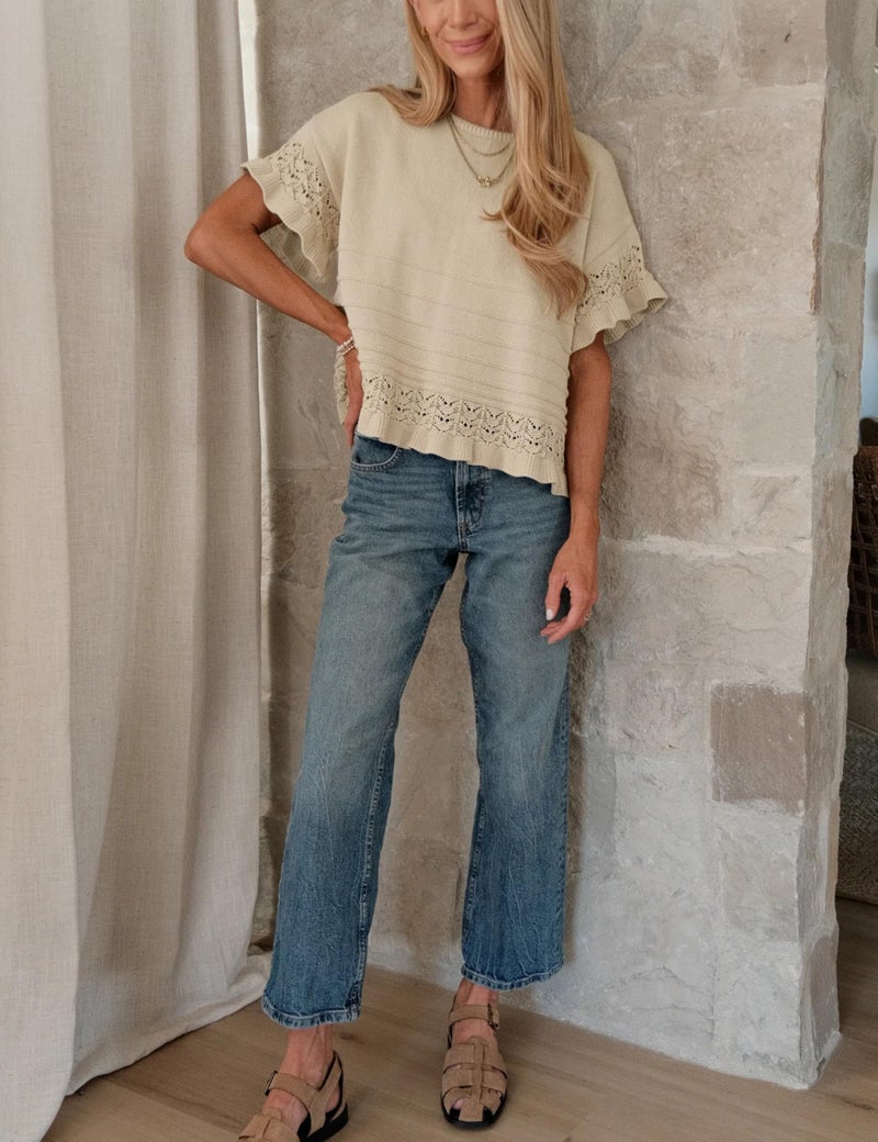 Yeokou Womens Short Sleeve Sweater Round Neck Ruffled Hem Knit Crochet Pullover Summer Fall Casual Top Blouse(Khaki-L) - Image 5