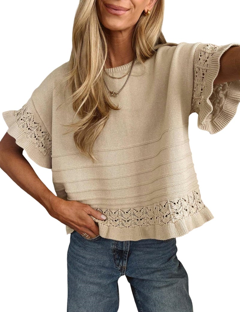 Yeokou Womens Short Sleeve Sweater Round Neck Ruffled Hem Knit Crochet Pullover Summer Fall Casual Top Blouse(Khaki-L) - Image 1