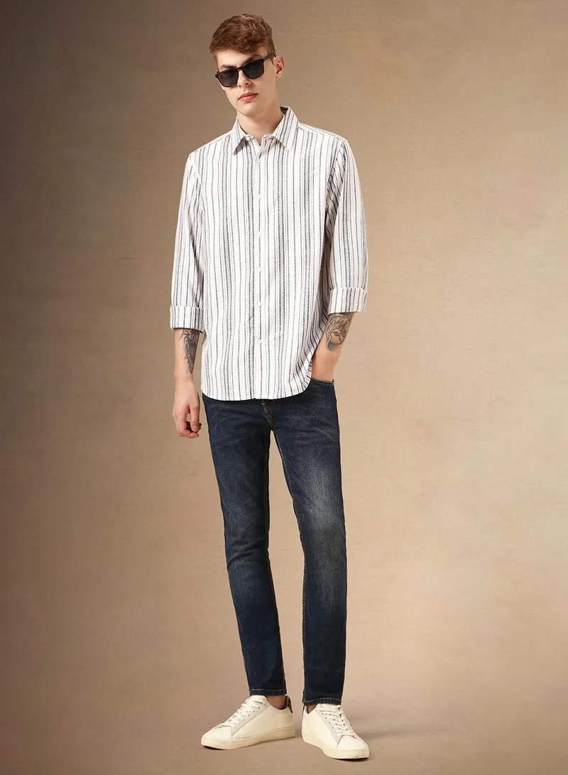 Dennis Lingo Men's White 100% Cotton Striped Shirt