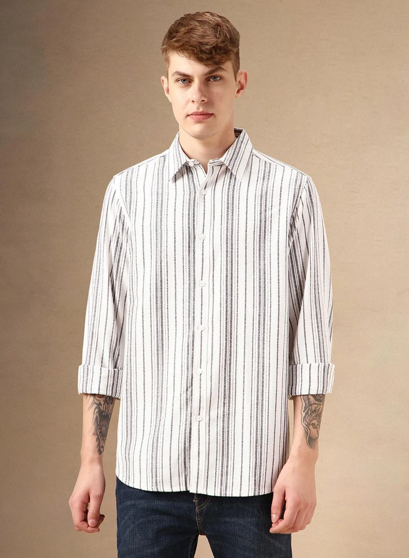 Dennis Lingo Men's White 100% Cotton Striped Shirt