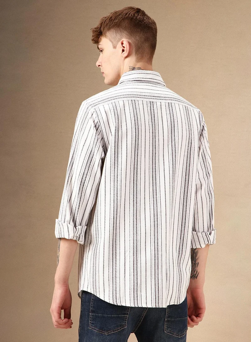 Dennis Lingo Men's White 100% Cotton Striped Shirt