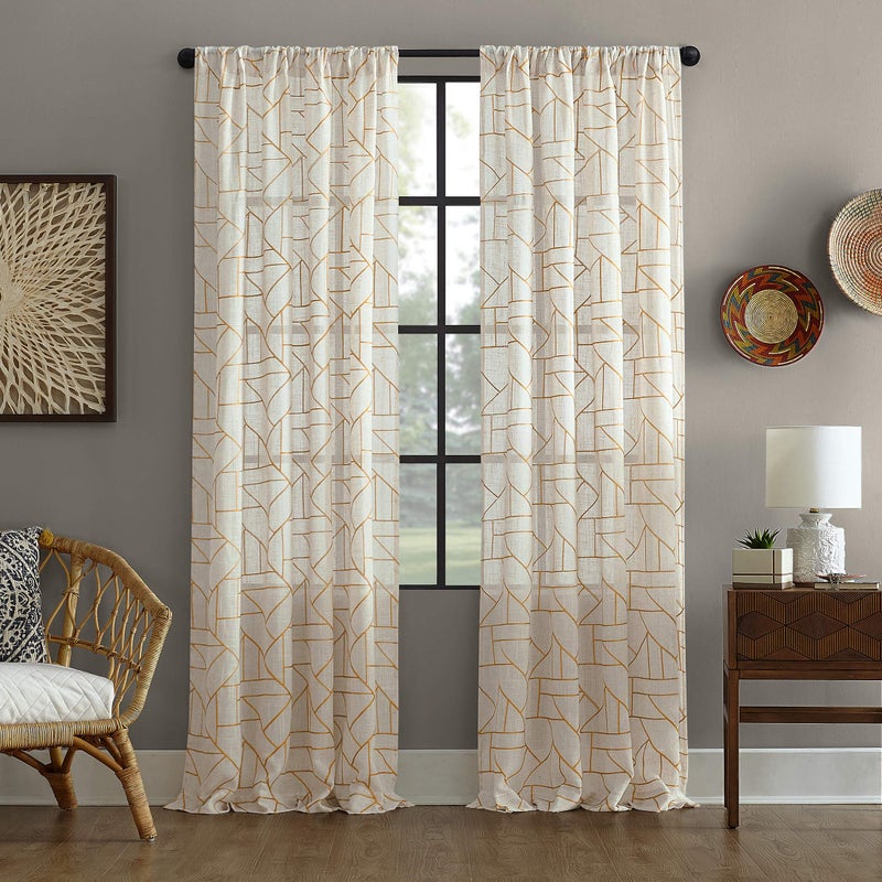 Archaeo Fragmented Geometric Embroidery MidCentury Modern Natural Linen Blend Curtain 50 x 63 GoldLinen