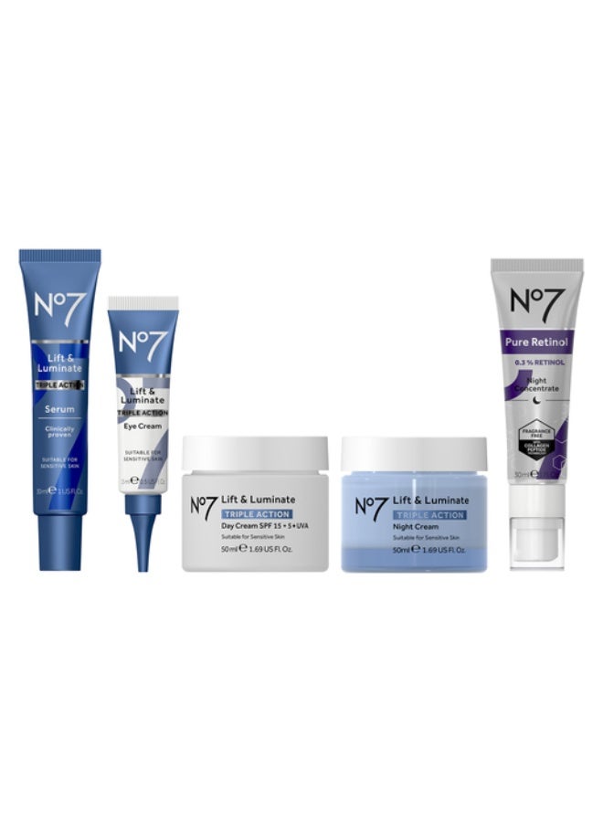 Boots No.7 No7 Lift & Luminate TRIPLE ACTION Complete Retinol Regime Gift Set of 5 - Image 3