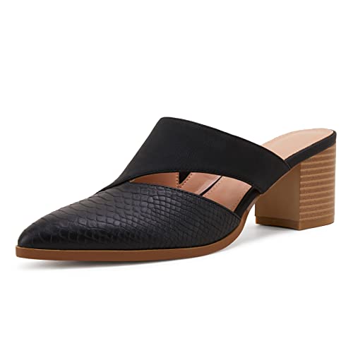 Syktkmx Womens Cutout Backless Chunky Stacked Mules Slip On Closed Toe Scale Heeled Sandal Shoes Black - Image 1