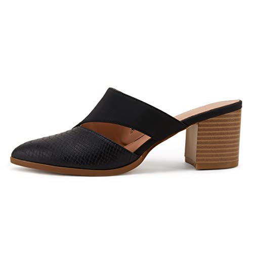 Syktkmx Womens Cutout Backless Chunky Stacked Mules Slip On Closed Toe Scale Heeled Sandal Shoes Black - Image 2